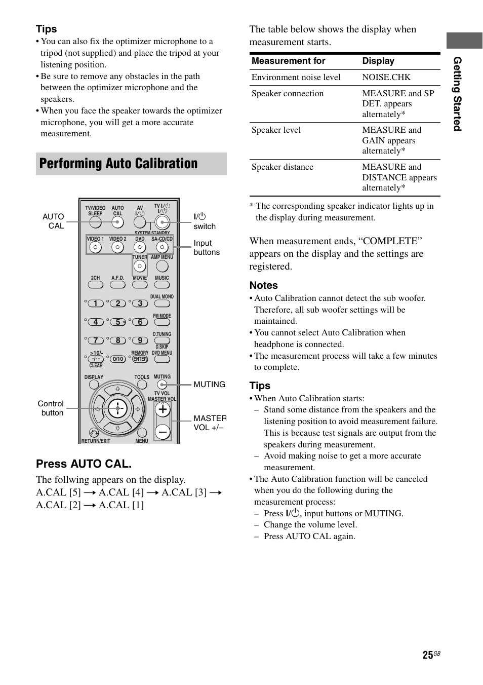 Performing auto calibration, Press auto cal, Ge tting star te d tips | Tips | Sony 2-680-009-12 (1) User Manual | Page 25 / 64