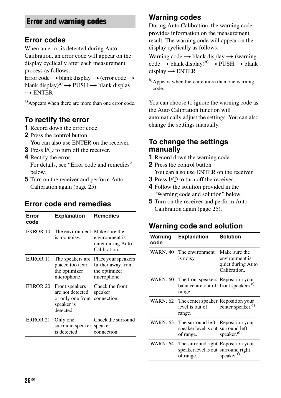 Error and warning codes, Error codes, Error code and remedies warning codes | Warning code and solution | Sony 2-680-009-12 (1) User Manual | Page 26 / 64