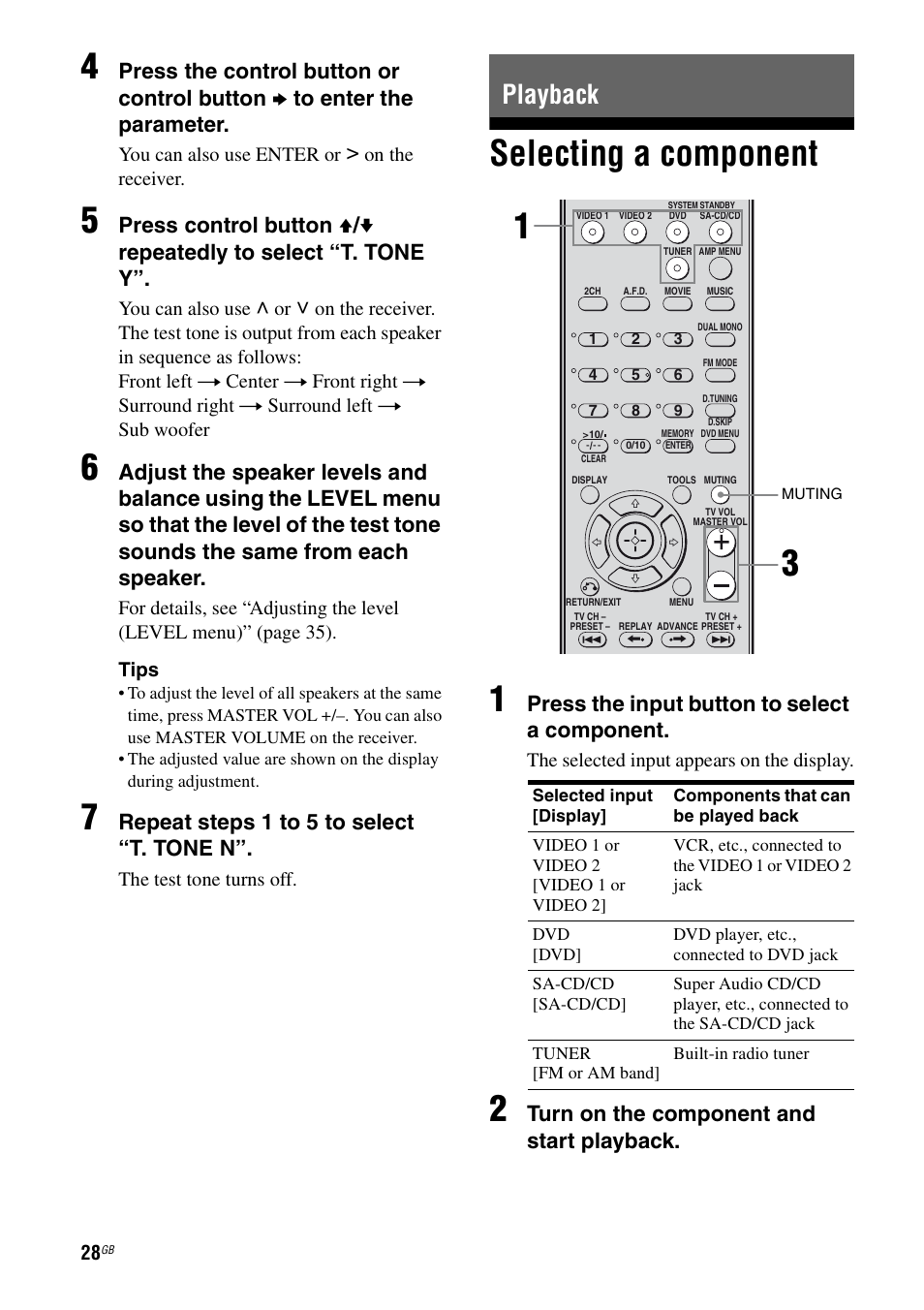 Playback, Selecting a component, Selecting a component 1 | Repeat steps 1 to 5 to select “t. tone n, Press the input button to select a component, Turn on the component and start playback | Sony 2-680-009-12 (1) User Manual | Page 28 / 64
