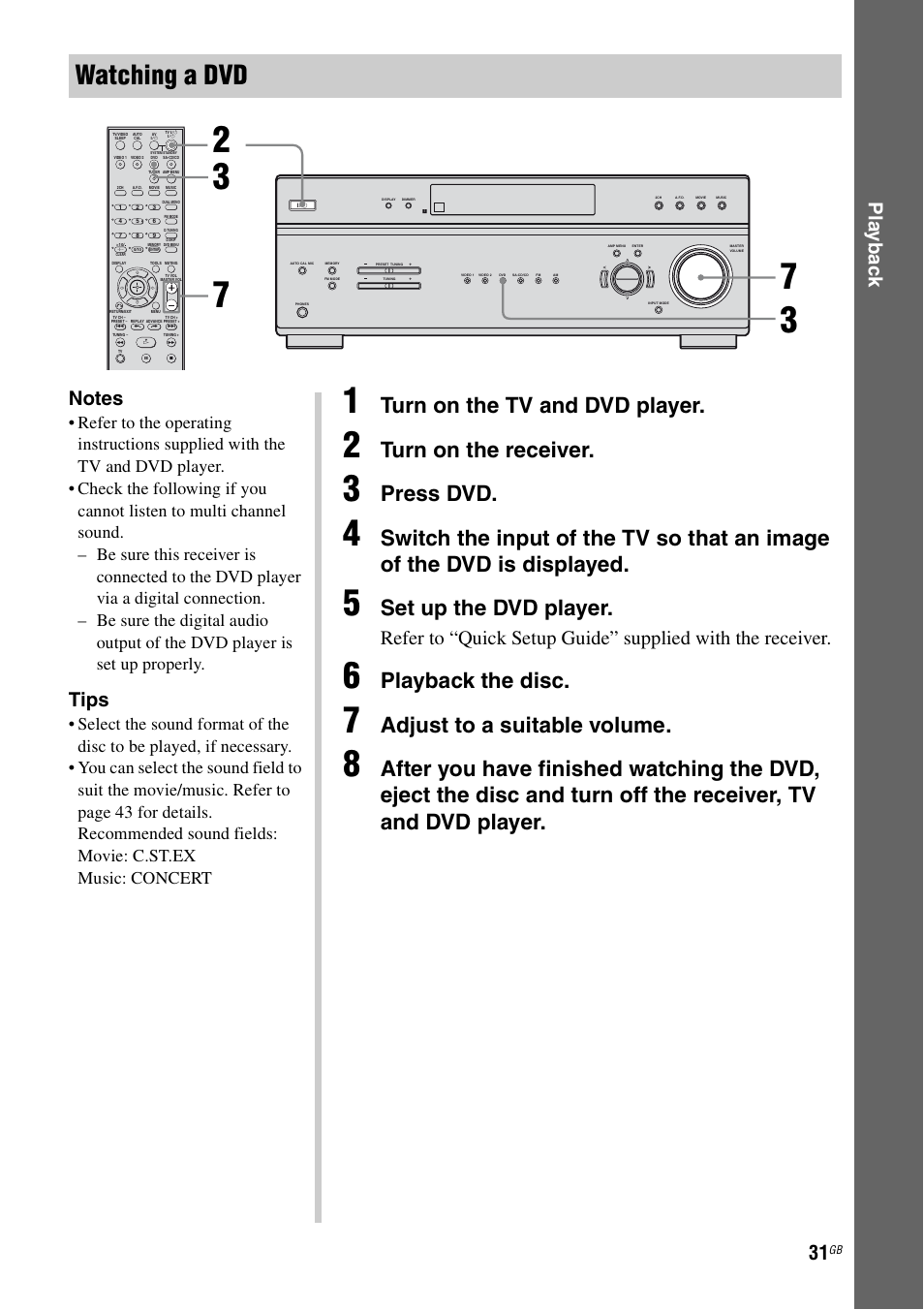 Watching a dvd, Turn on the tv and dvd player, Turn on the receiver | Press dvd, Set up the dvd player, Playback the disc, Adjust to a suitable volume, Play b a ck, Tips | Sony 2-680-009-12 (1) User Manual | Page 31 / 64