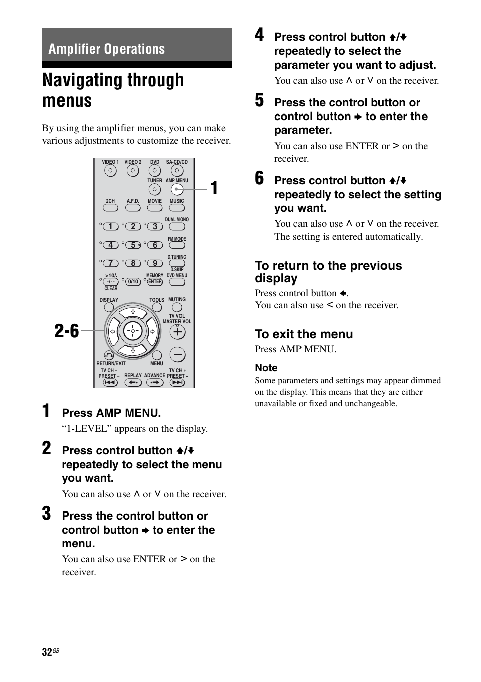 Amplifier operations, Navigating through menus, Press amp menu | Sony 2-680-009-12 (1) User Manual | Page 32 / 64