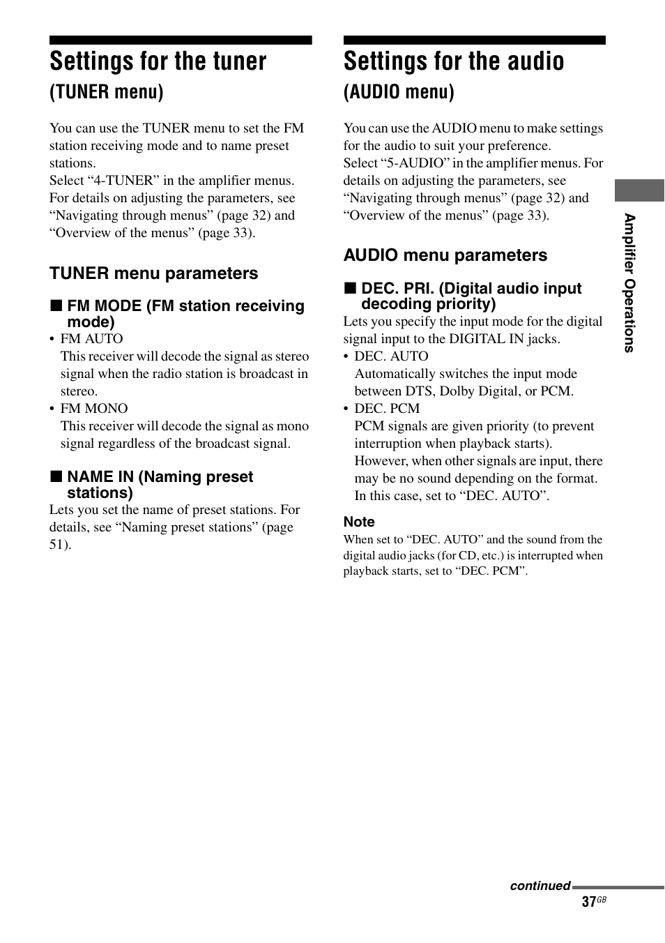 Settings for the tuner (tuner menu), Settings for the audio (audio menu), Settings for the tuner | Settings for the audio, Tuner menu), Audio menu) | Sony 2-680-009-12 (1) User Manual | Page 37 / 64