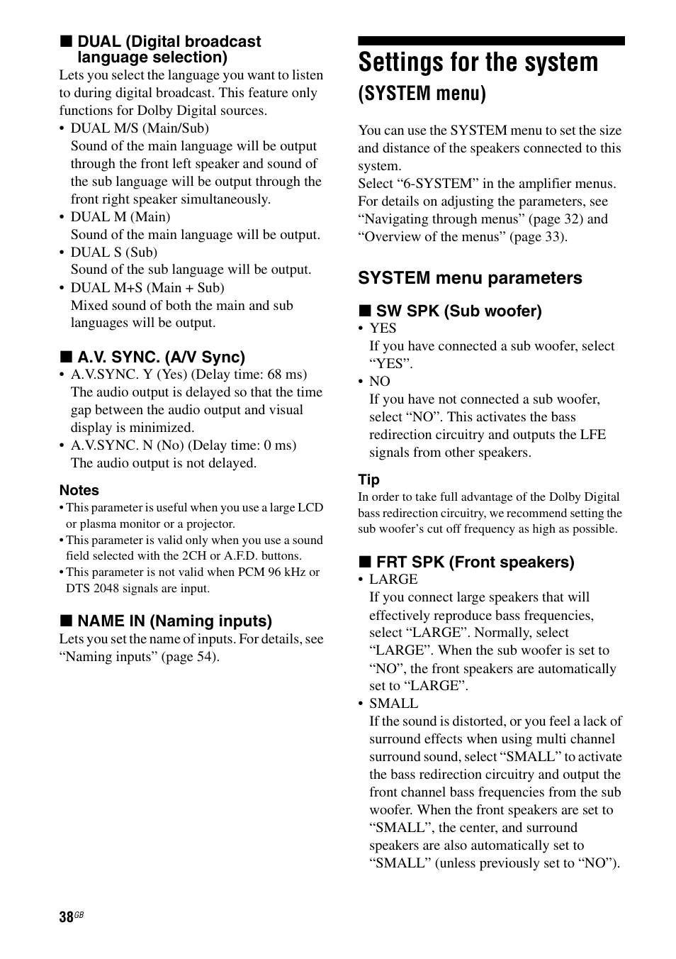 Settings for the system (system menu), Settings for the system, System menu) | System menu parameters | Sony 2-680-009-12 (1) User Manual | Page 38 / 64