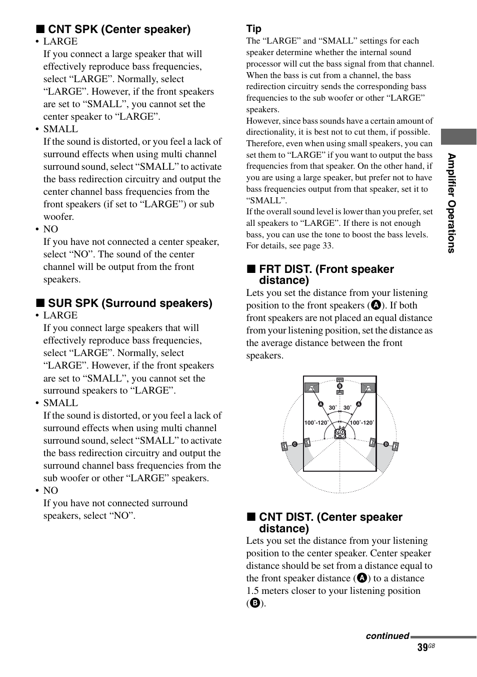 X cnt spk (center speaker), X sur spk (surround speakers), X frt dist. (front speaker distance) | X cnt dist. (center speaker distance) | Sony 2-680-009-12 (1) User Manual | Page 39 / 64