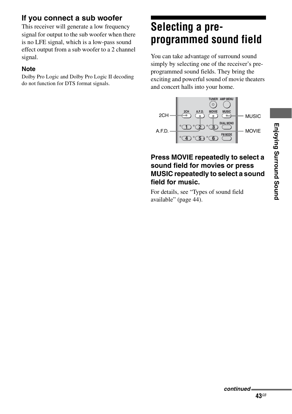 Selecting a pre- programmed sound field, Selecting a pre-programmed sound field, If you connect a sub woofer | Sony 2-680-009-12 (1) User Manual | Page 43 / 64