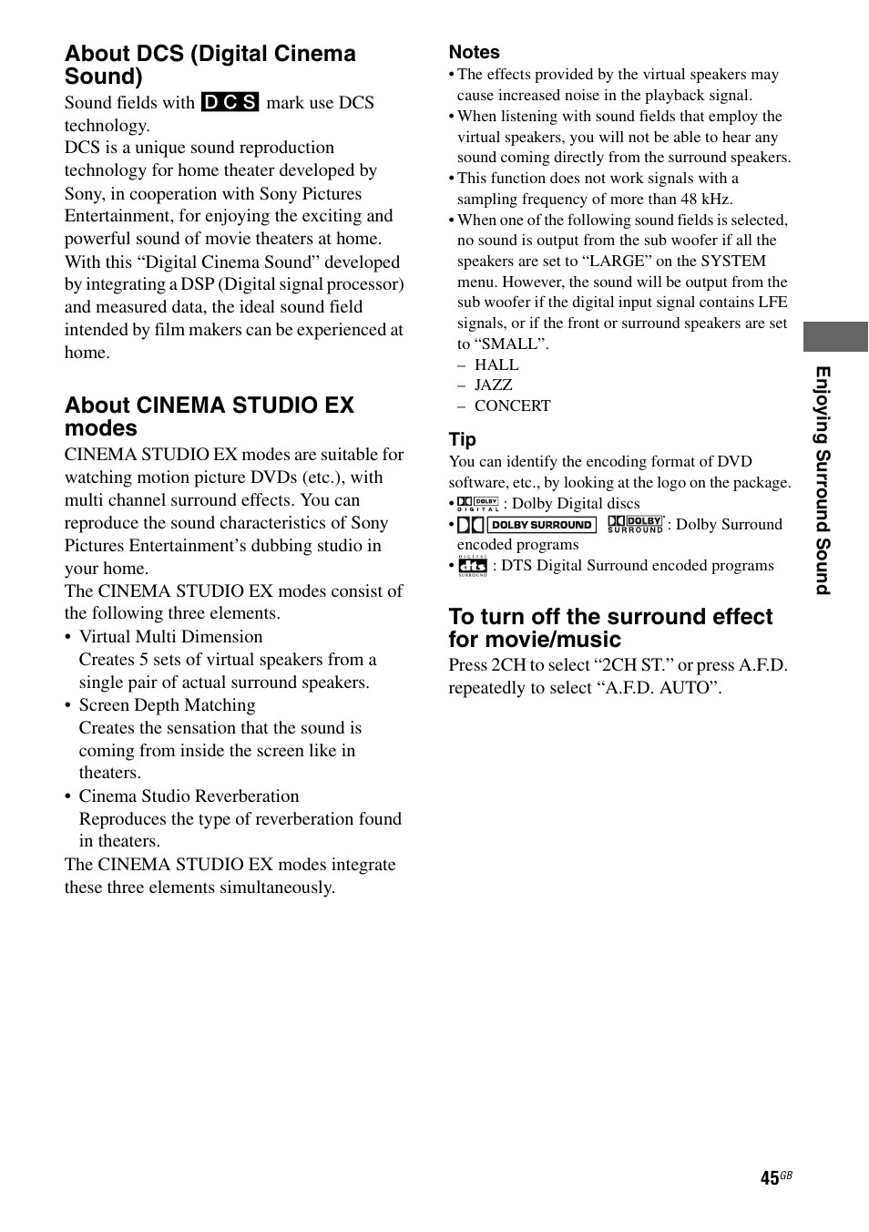 About dcs (digital cinema sound), About cinema studio ex modes | Sony 2-680-009-12 (1) User Manual | Page 45 / 64