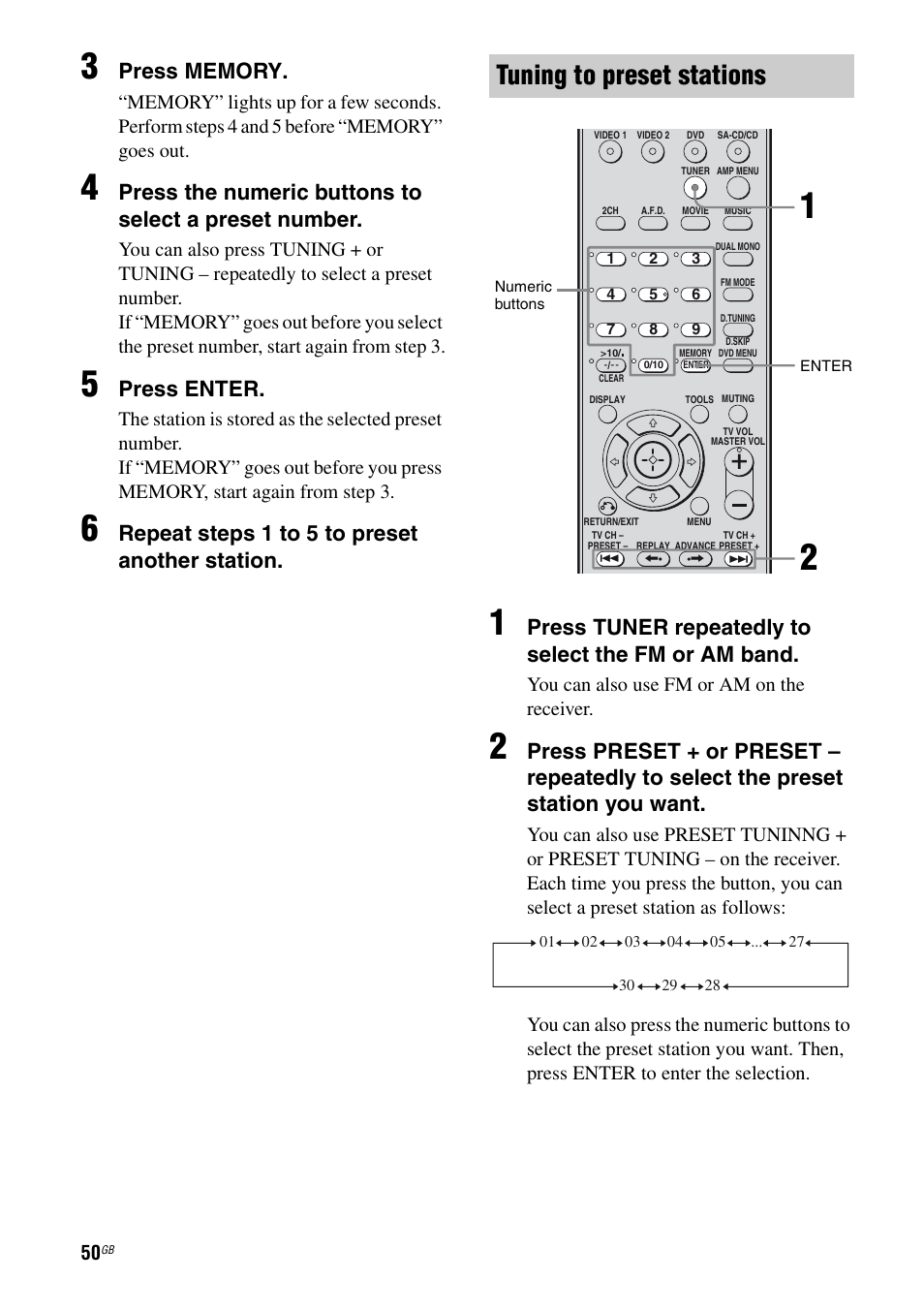 Tuning to preset stations, Press enter, Repeat steps 1 to 5 t o preset another station | Press tuner repeatedly to select the fm or am band, You can also use fm or am on the receiver | Sony 2-680-009-12 (1) User Manual | Page 50 / 64
