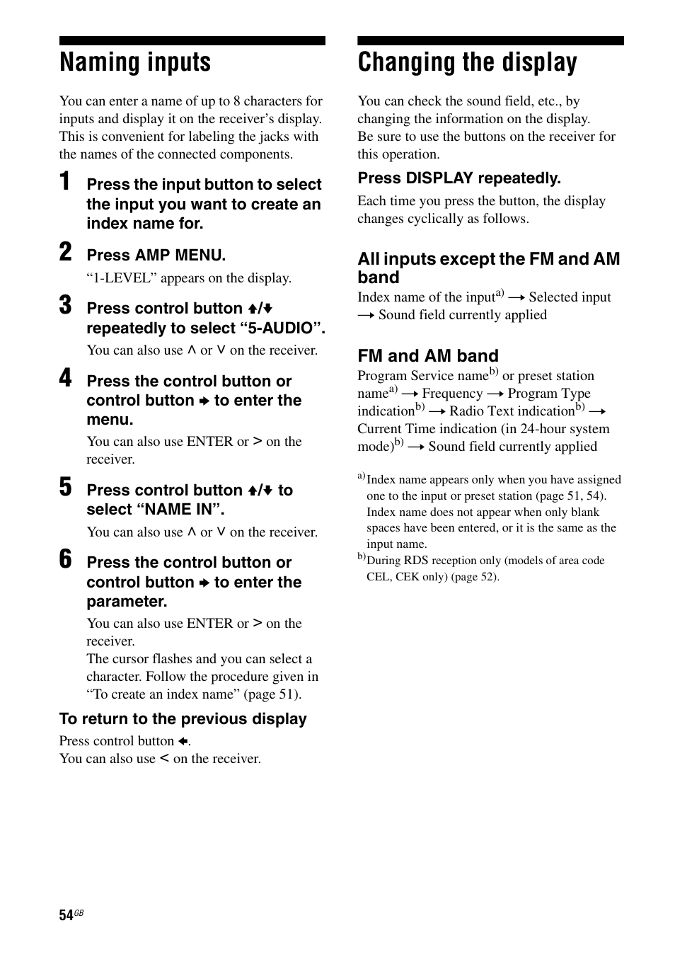 Naming inputs, Changing the display, Naming inputs changing the display | Sony 2-680-009-12 (1) User Manual | Page 54 / 64