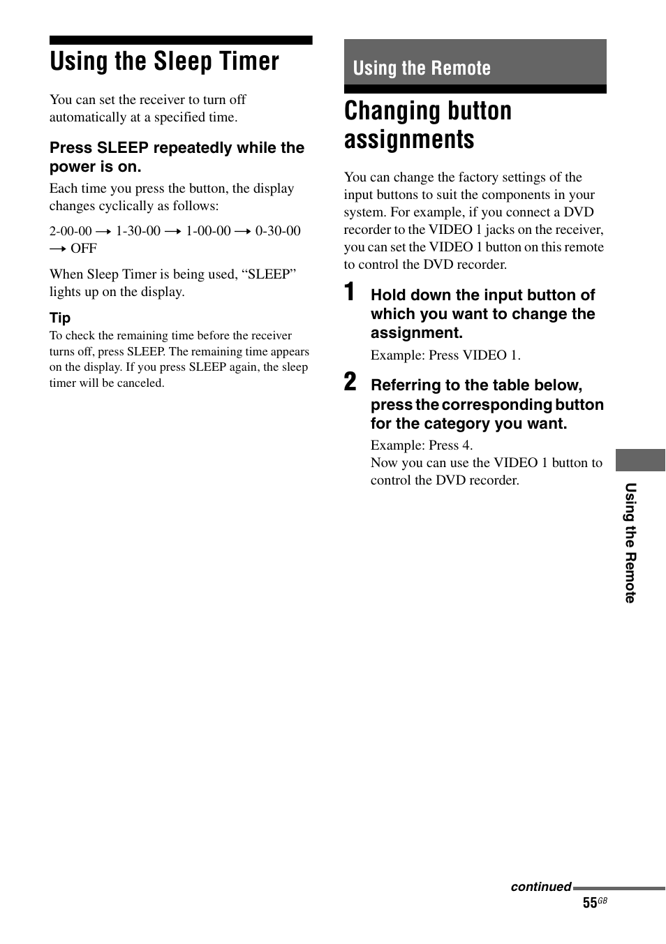 Using the sleep timer, Using the remote, Changing button assignments | Sony 2-680-009-12 (1) User Manual | Page 55 / 64