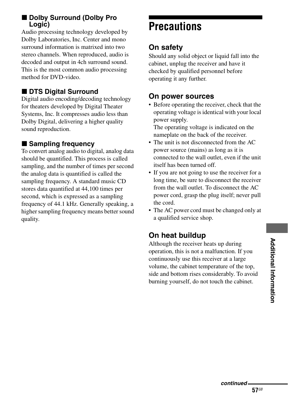 Precautions | Sony 2-680-009-12 (1) User Manual | Page 57 / 64
