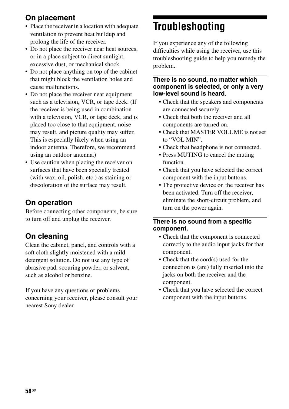 Troubleshooting, On placement, On operation | On cleaning | Sony 2-680-009-12 (1) User Manual | Page 58 / 64