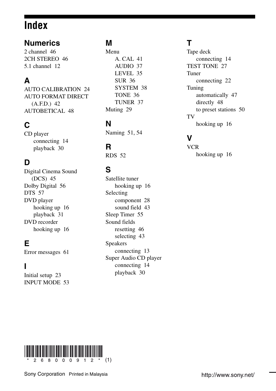 Index, Numerics | Sony 2-680-009-12 (1) User Manual | Page 64 / 64