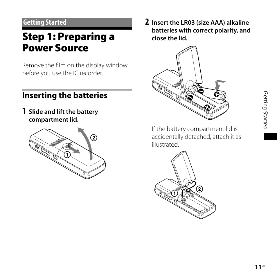 Getting started, Step 1: preparing a power source, Inserting the batteries | Sony 4-113-168-11(2) User Manual | Page 11 / 76