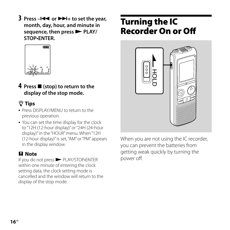 Turning the ic recorder on or off | Sony 4-113-168-11(2) User Manual | Page 16 / 76