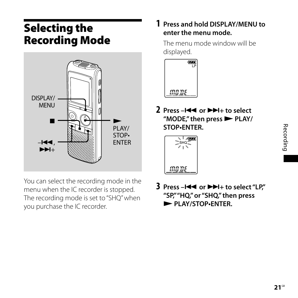 Selecting the recording mode | Sony 4-113-168-11(2) User Manual | Page 21 / 76