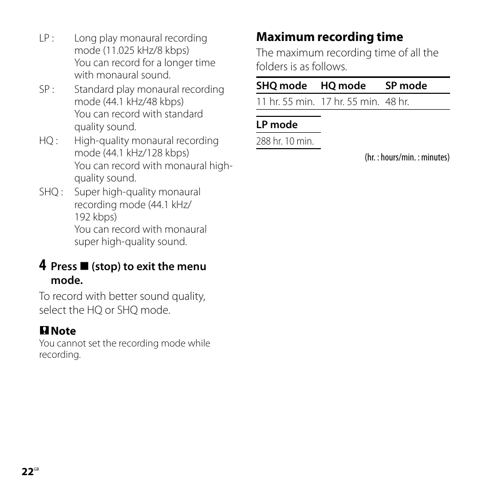 Maximum recording time | Sony 4-113-168-11(2) User Manual | Page 22 / 76