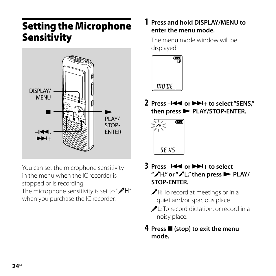 Setting the microphone sensitivity | Sony 4-113-168-11(2) User Manual | Page 24 / 76