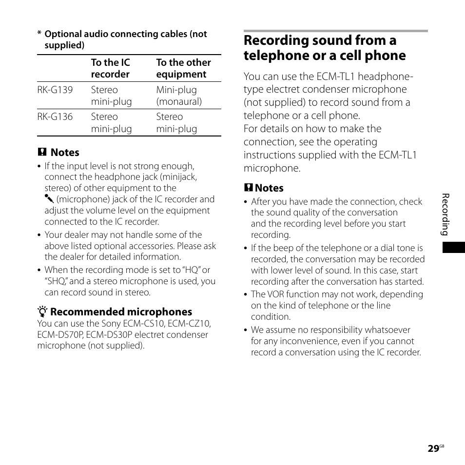 Recording sound from a telephone or a cell phone, Recording sound from a telephone, Or a cell phone | Sony 4-113-168-11(2) User Manual | Page 29 / 76