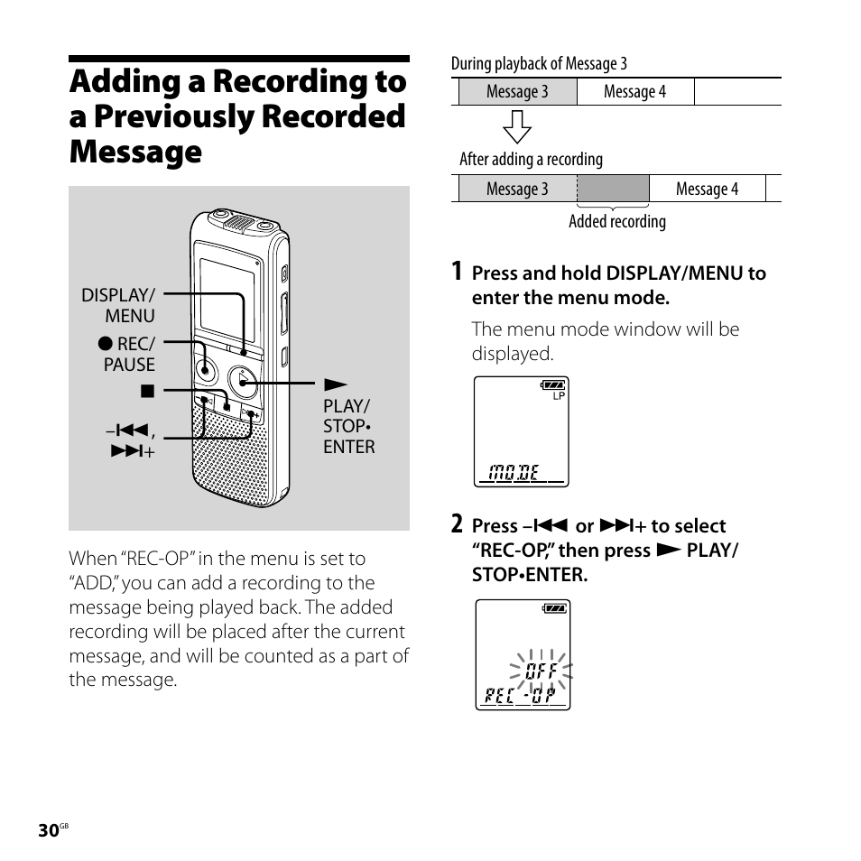 Adding a recording to a previously, Recorded message | Sony 4-113-168-11(2) User Manual | Page 30 / 76