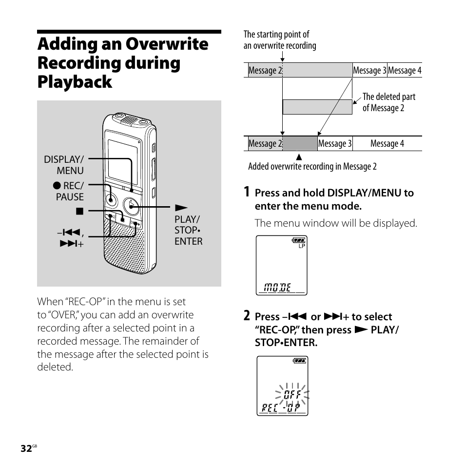 Adding an overwrite recording during playback, Adding an overwrite recording during, Playback | Sony 4-113-168-11(2) User Manual | Page 32 / 76