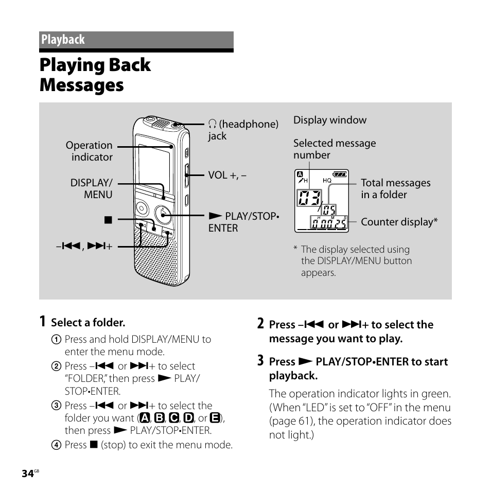 Playback, Playing back messages | Sony 4-113-168-11(2) User Manual | Page 34 / 76