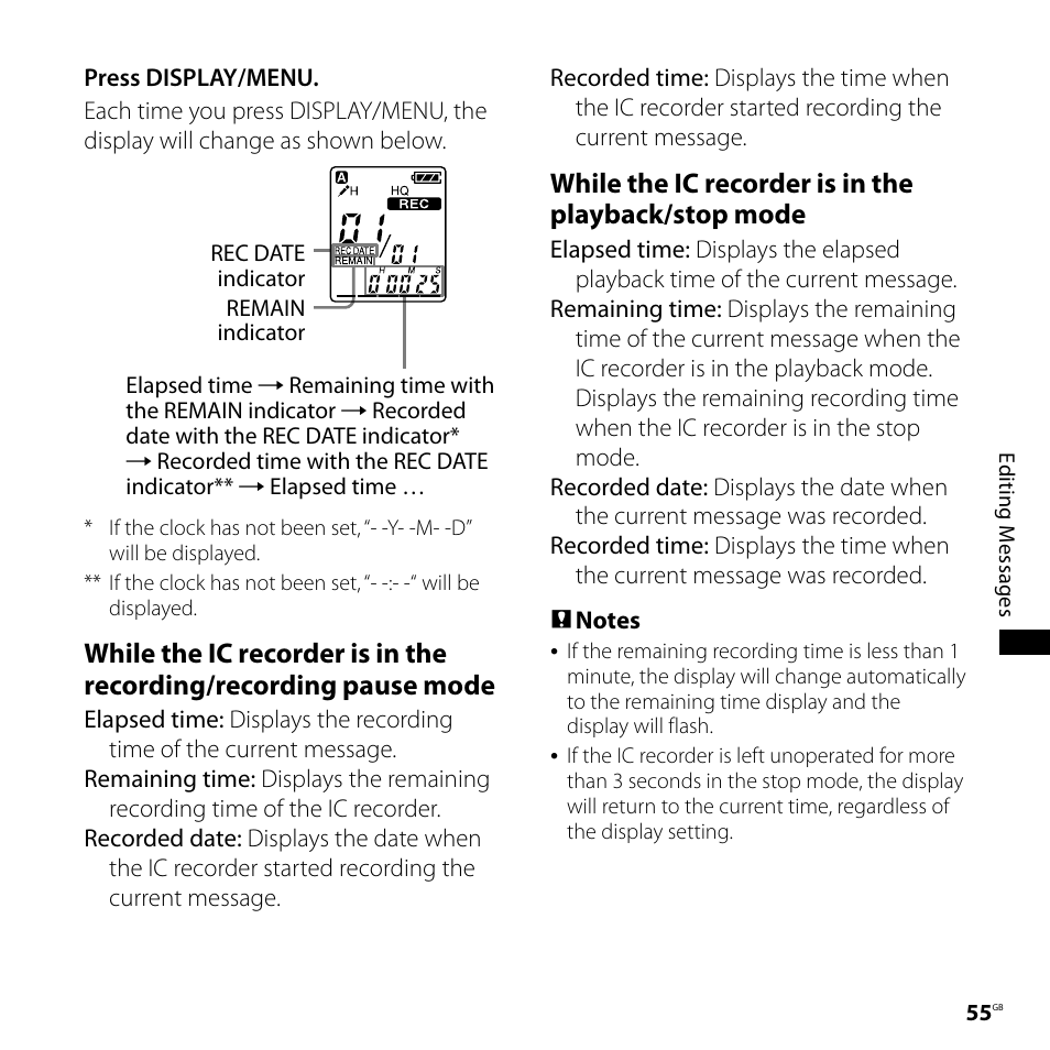 While the ic recorder is in the playback/stop mode | Sony 4-113-168-11(2) User Manual | Page 55 / 76