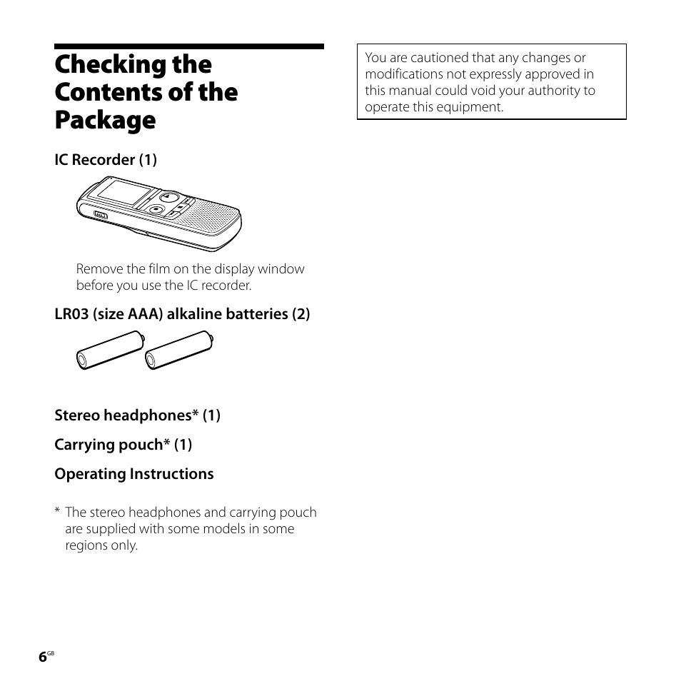 Checking the contents of the package, Checking the contents of, The package | Sony 4-113-168-11(2) User Manual | Page 6 / 76