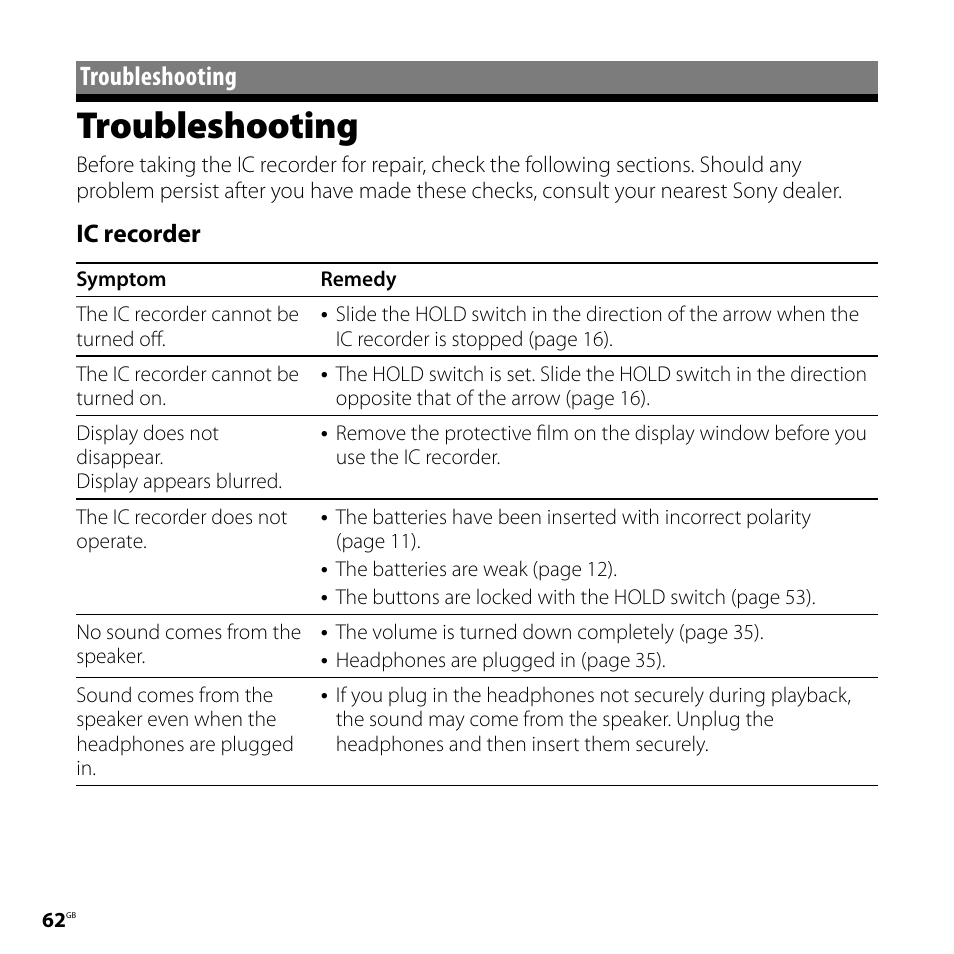 Troubleshooting, Ic recorder | Sony 4-113-168-11(2) User Manual | Page 62 / 76