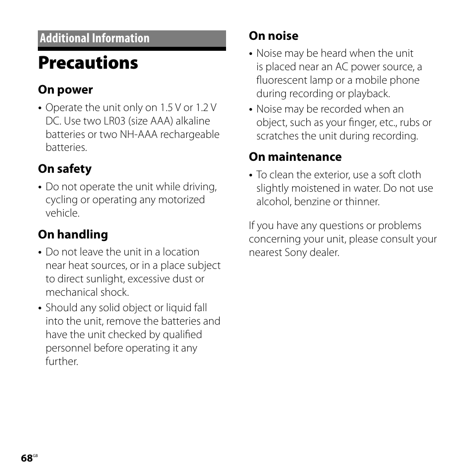 Additional information, Precautions, On power | On safety, On handling, On noise, On maintenance | Sony 4-113-168-11(2) User Manual | Page 68 / 76