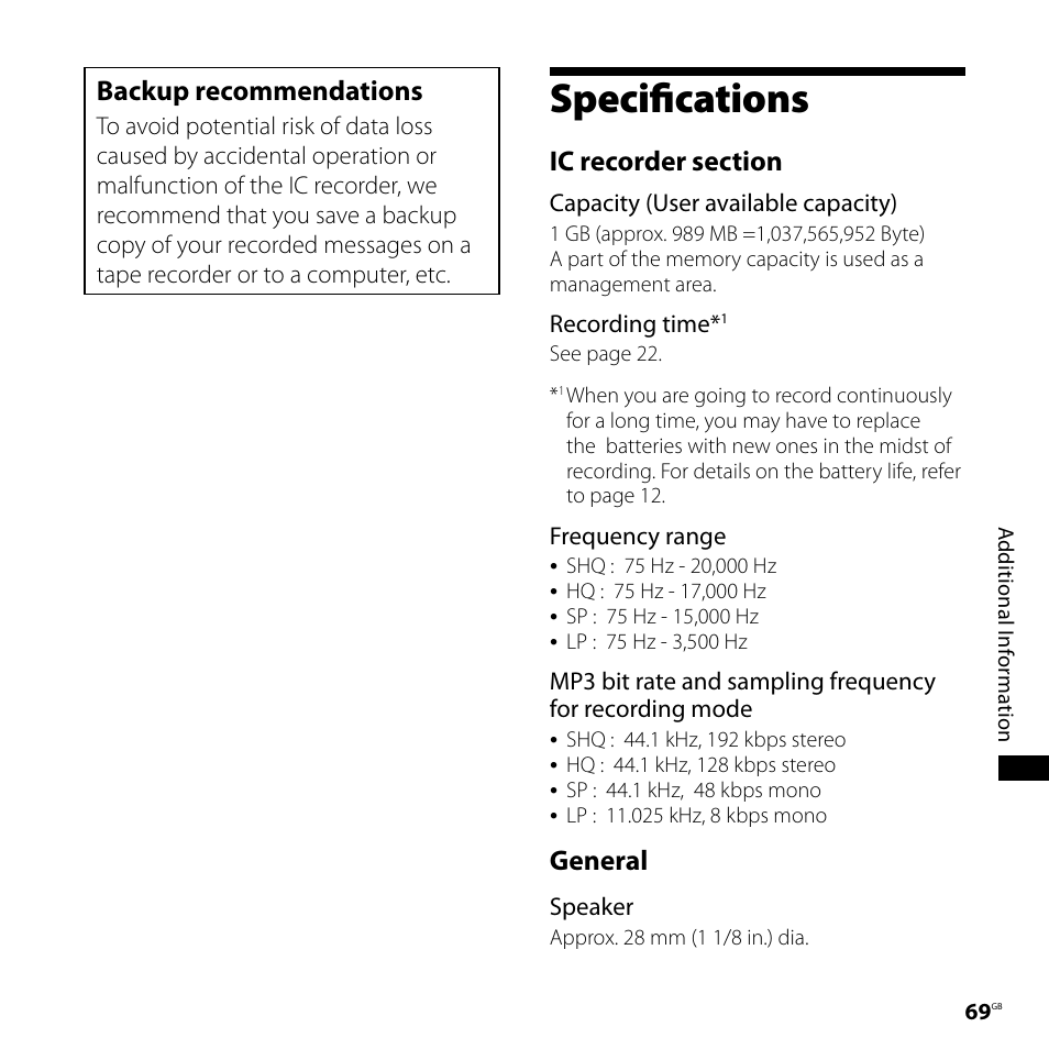 Specifications, Backup recommendations, General | Sony 4-113-168-11(2) User Manual | Page 69 / 76