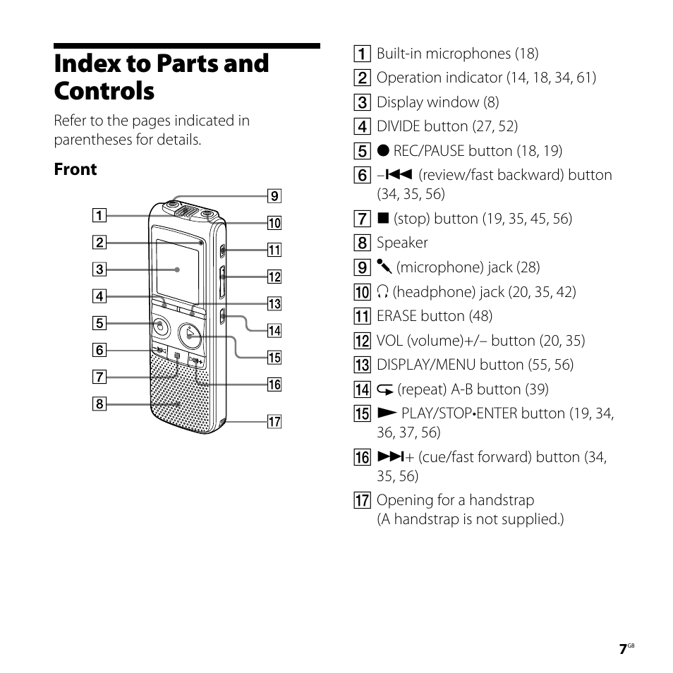 Index to parts and controls | Sony 4-113-168-11(2) User Manual | Page 7 / 76