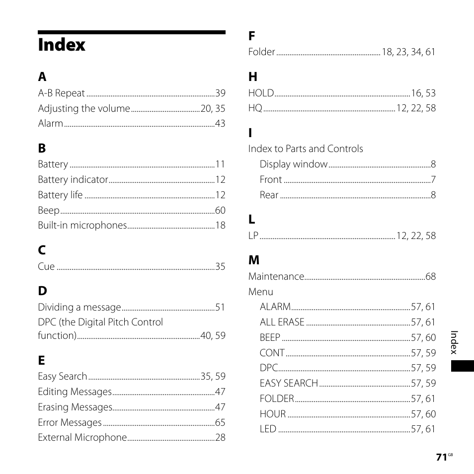 Index | Sony 4-113-168-11(2) User Manual | Page 71 / 76