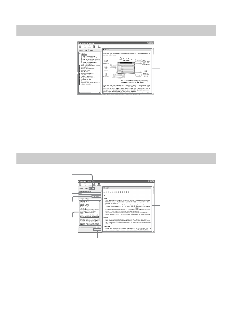 Understanding sonicstage help, Searching for a word inside an explanation | Sony MZ-NH900 User Manual | Page 123 / 136