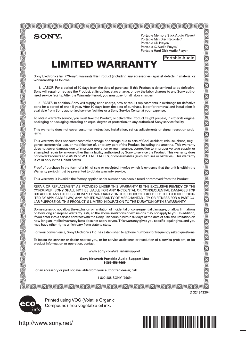 This warranty is valid only in the united states | Sony MZ-NH900 User Manual | Page 136 / 136