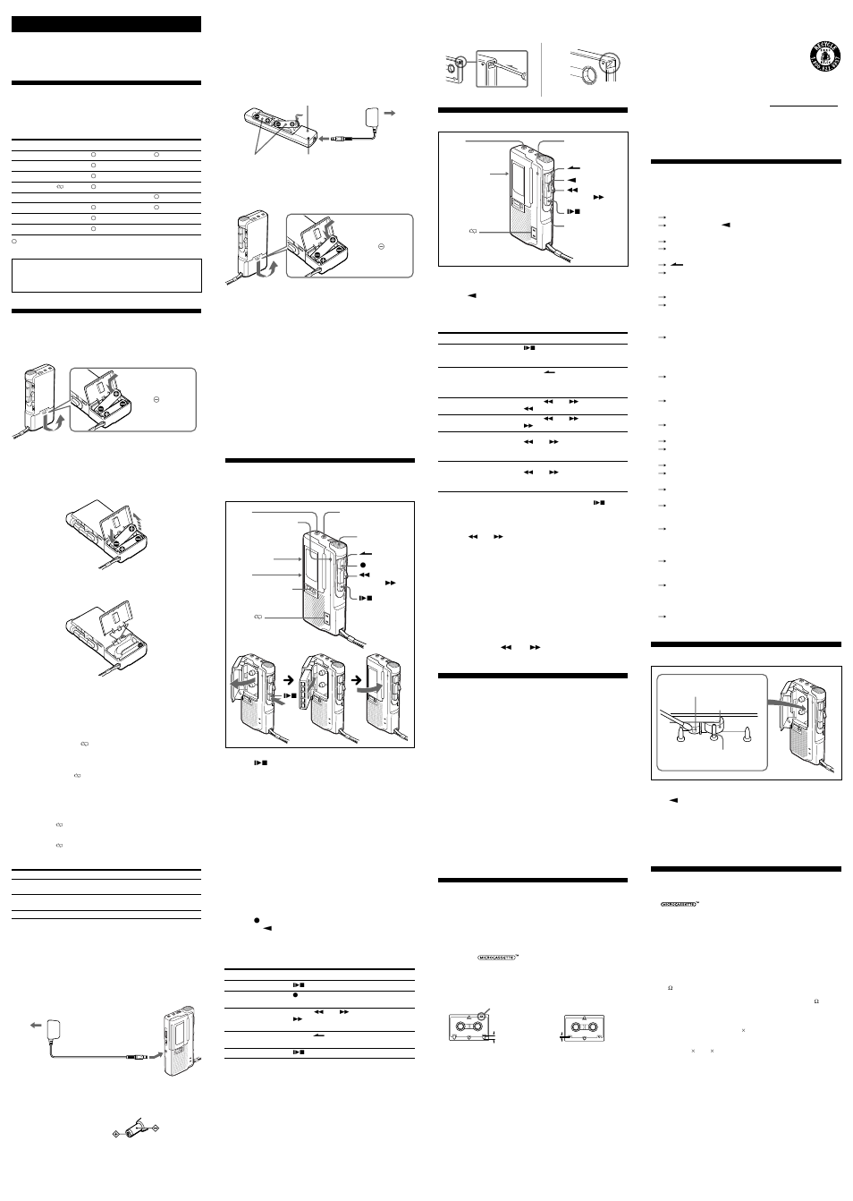 Advertencia, Acerca de este manual, Fuentes de alimentación | Solución de problemas, Mantenimiento, Especificaciones, Reproducción de cintas, Grabación, Precauciones | Sony MICROCASSETTE M-565V User Manual | Page 2 / 2
