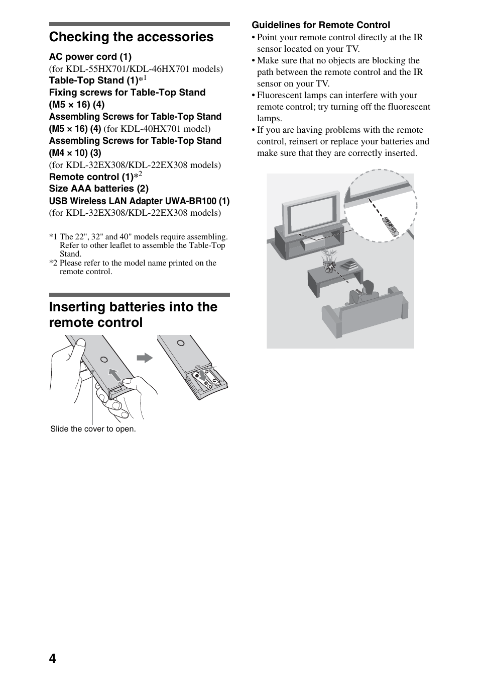 Checking the accessories, Inserting batteries into the remote control | Sony BRAVIA 46HX701 User Manual | Page 4 / 24