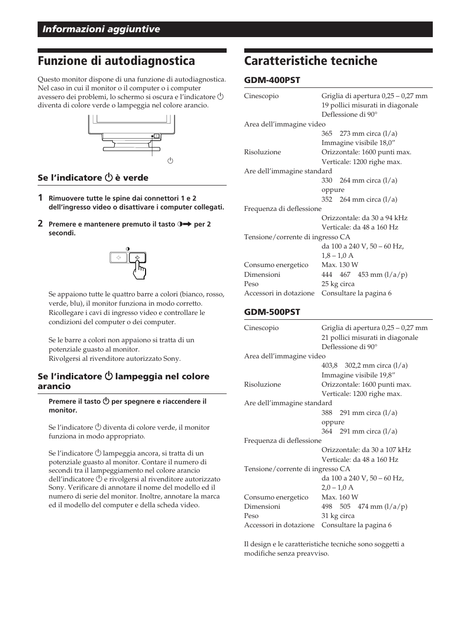 Funzione di autodiagnostica, Caratteristiche tecniche, Informazioni aggiuntive | Sony GDM-400PST User Manual | Page 102 / 104