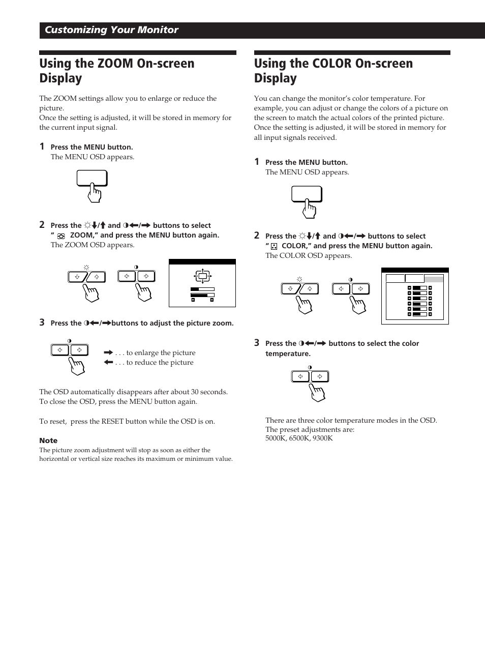 Using the zoom on-screen display, Using the color on-screen display, Customizing your monitor | Sony GDM-400PST User Manual | Page 12 / 104