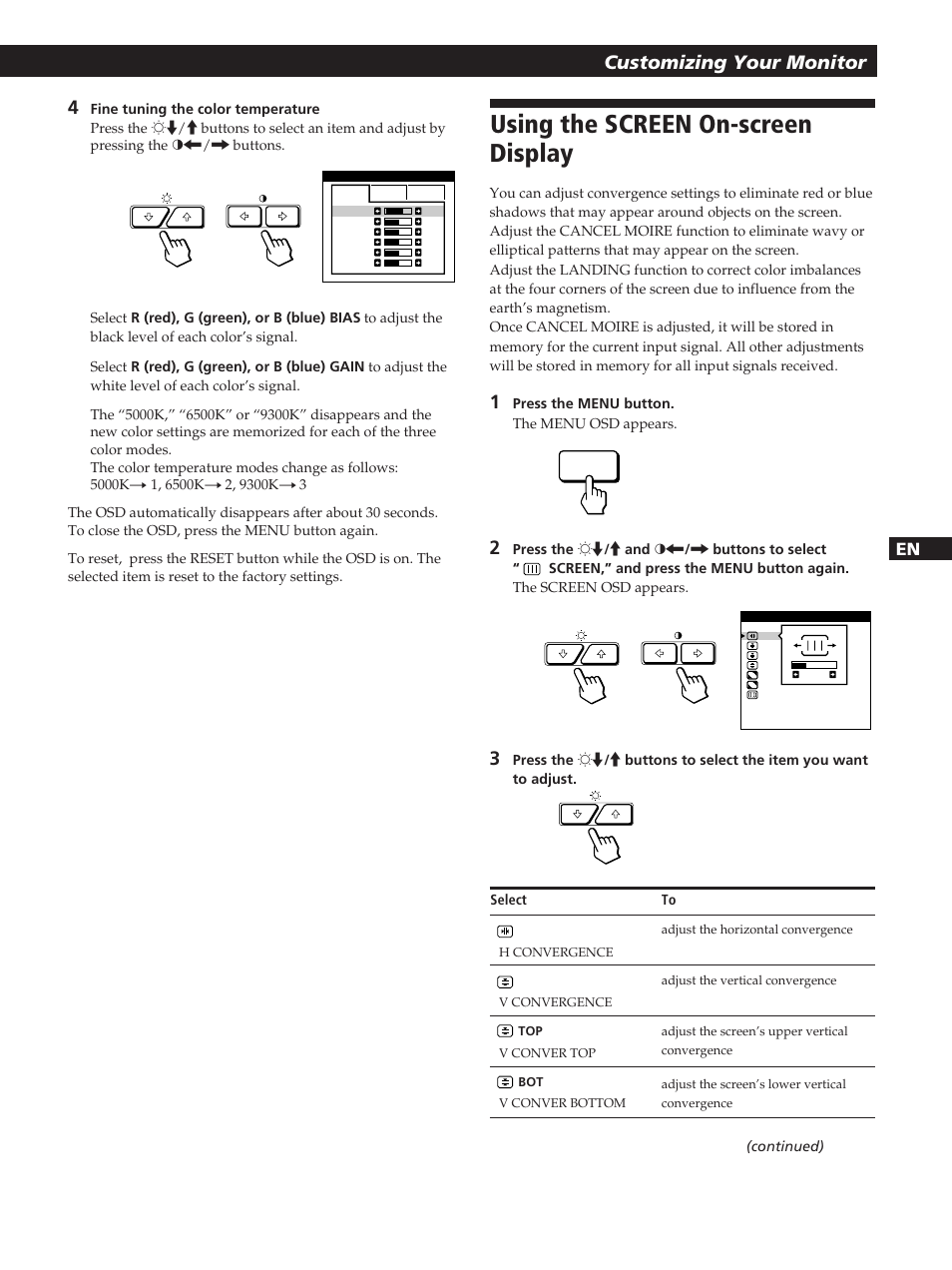 Using the screen on-screen display, Getting started customizing your monitor, Fd es en i | Sony GDM-400PST User Manual | Page 13 / 104