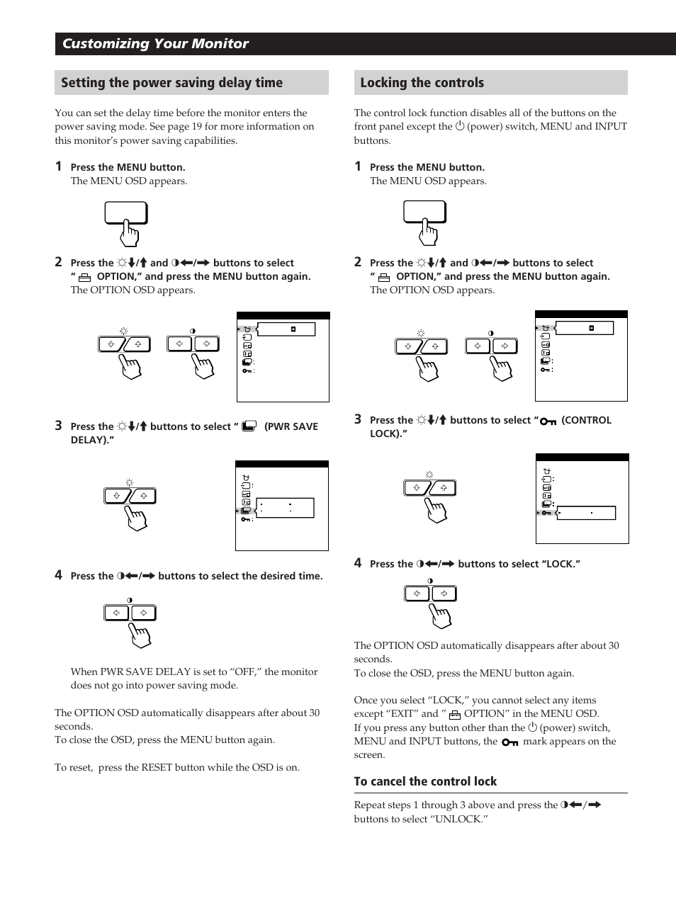 Customizing your monitor locking the controls, Setting the power saving delay time | Sony GDM-400PST User Manual | Page 16 / 104