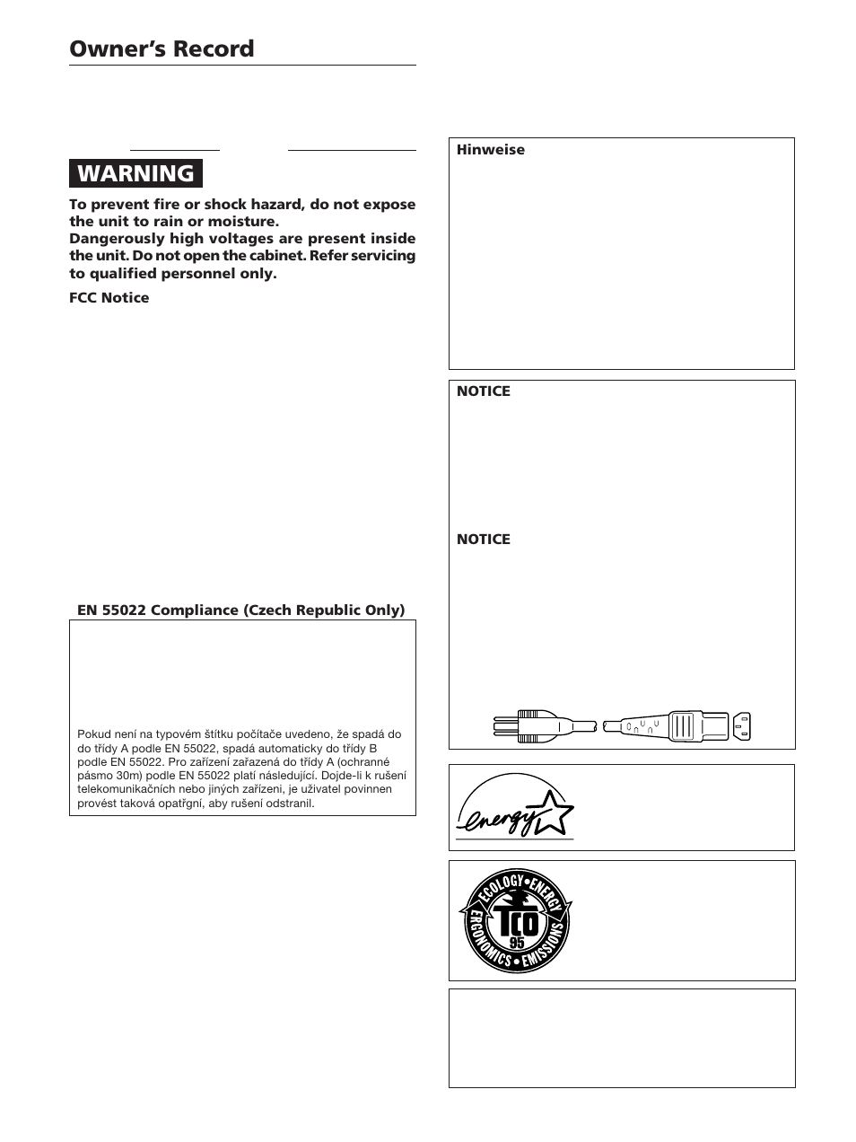 Owner’s record, Warning | Sony GDM-400PST User Manual | Page 2 / 104