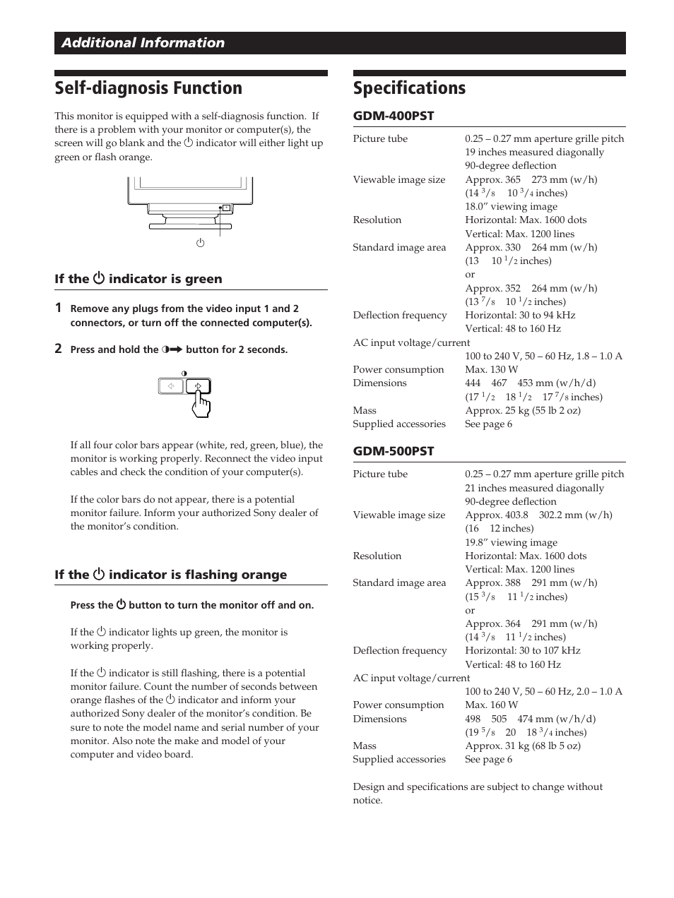 Self-diagnosis function, Specifications, Additional information | Sony GDM-400PST User Manual | Page 22 / 104