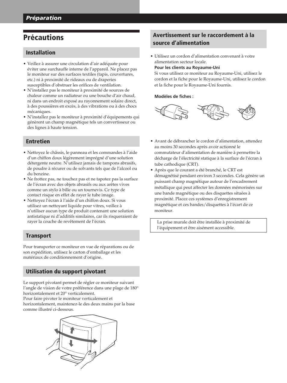 Précautions, Préparation, Installation | Entretien, Transport, Utilisation du support pivotant | Sony GDM-400PST User Manual | Page 24 / 104