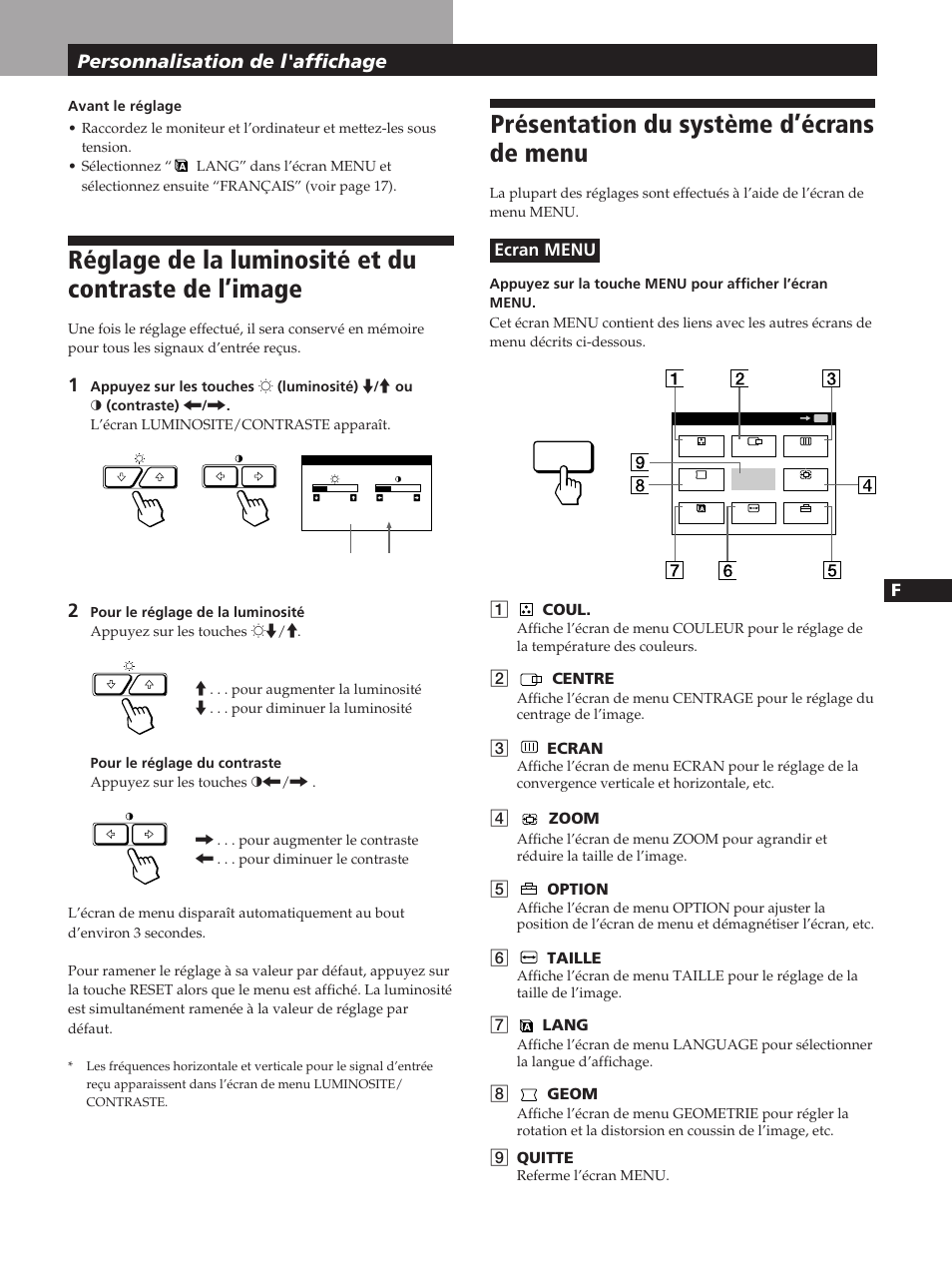 Présentation du système d’écrans de menu, Personnalisation de l’affichage, Personnalisation de l'affichage | Sony GDM-400PST User Manual | Page 29 / 104