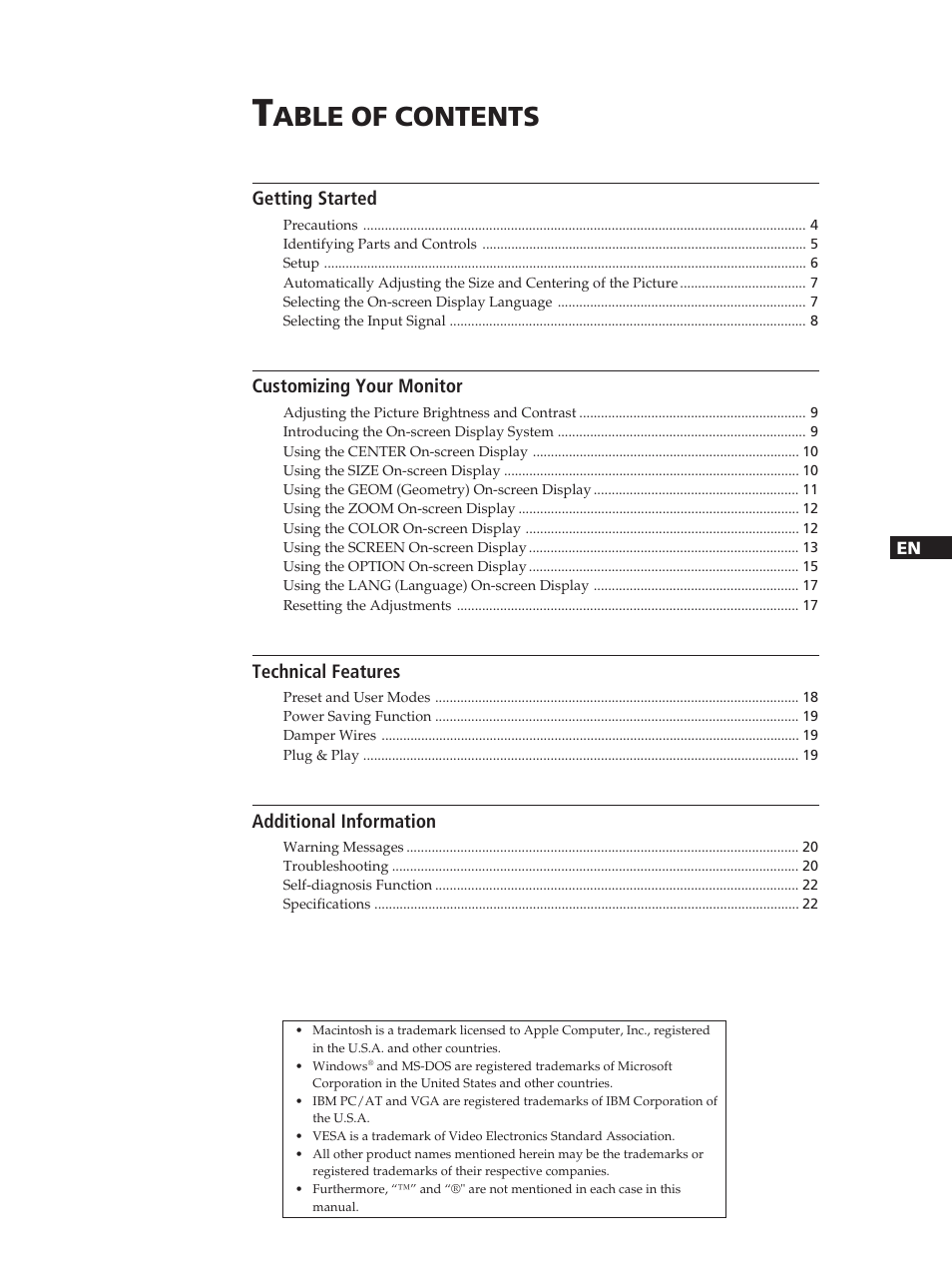 Able of contents | Sony GDM-400PST User Manual | Page 3 / 104