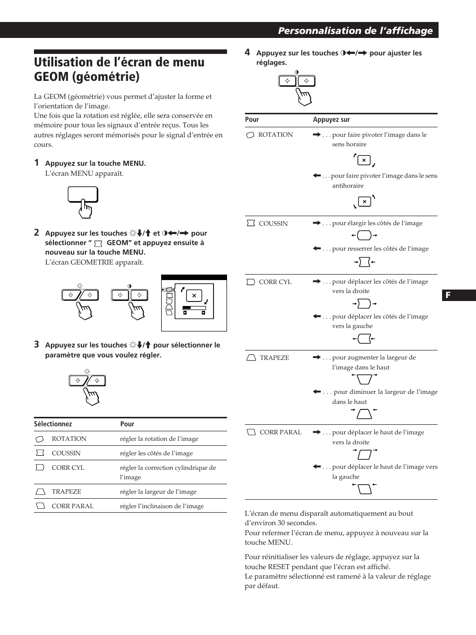 Utilisation de l’écran de menu geom (géométrie), Personnalisation de l’affichage | Sony GDM-400PST User Manual | Page 31 / 104