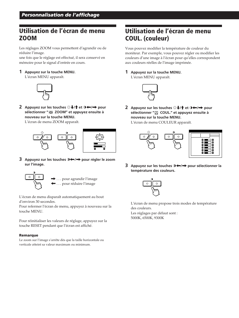 Utilisation de l’écran de menu zoom, Utilisation de l’écran de menu coul. (couleur), Personnalisation de l’affichage | Sony GDM-400PST User Manual | Page 32 / 104