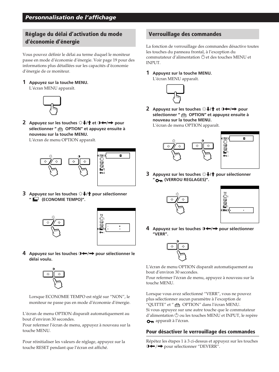 Pour désactiver le verrouillage des commandes | Sony GDM-400PST User Manual | Page 36 / 104