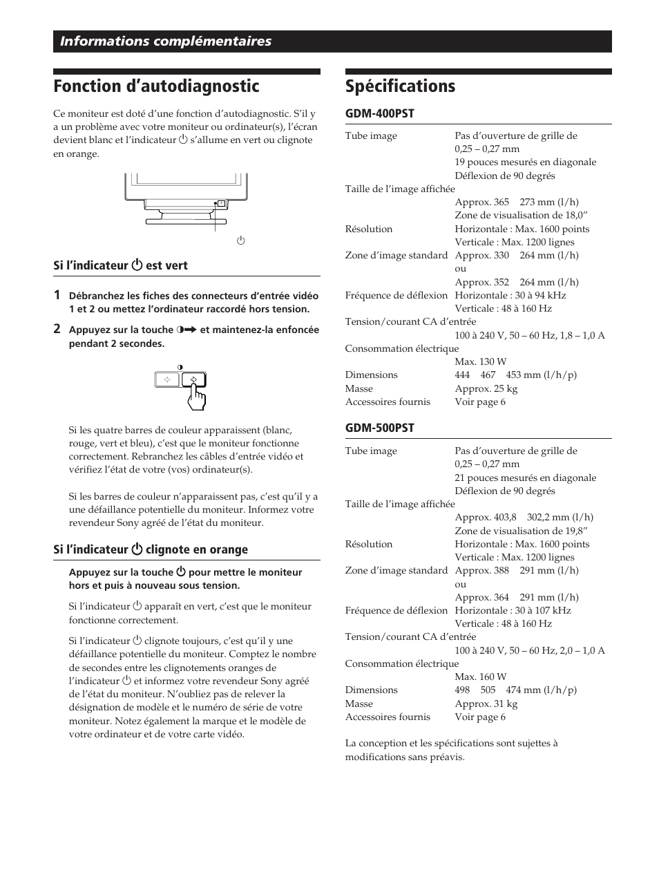 Fonction d’autodiagnostic, Spécifications, Informations complémentaires | Sony GDM-400PST User Manual | Page 42 / 104