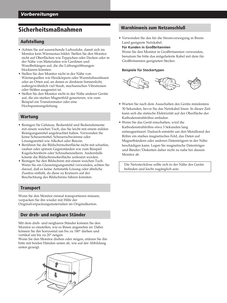 Sicherheitsmaßnahmen, Vorbereitungen, Aufstellung | Wartung, Transport, Der dreh- und neigbare ständer, Warnhinweis zum netzanschluß | Sony GDM-400PST User Manual | Page 44 / 104